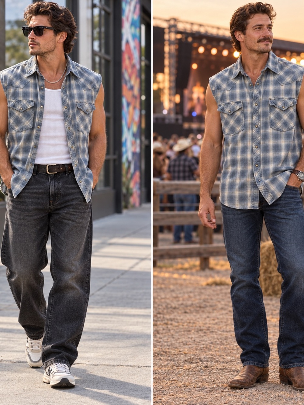 Vintage Painted Mesa Men’s L Blue Plaid Sleeveless Western Pearl Snap Shirt